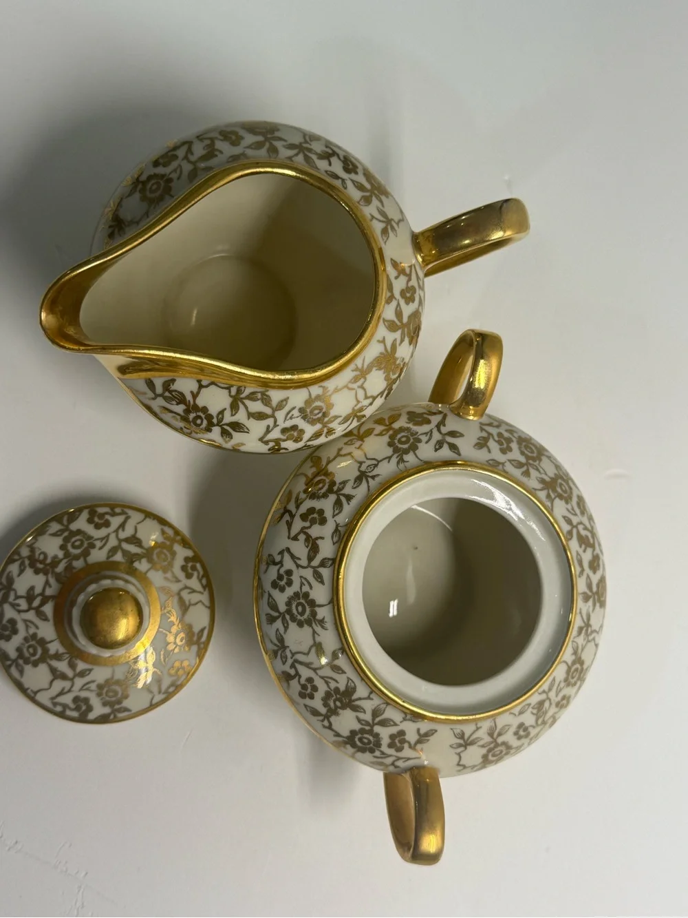 VINTAGE Porcelain White and Gold Creamer and Sugar Bowl Set